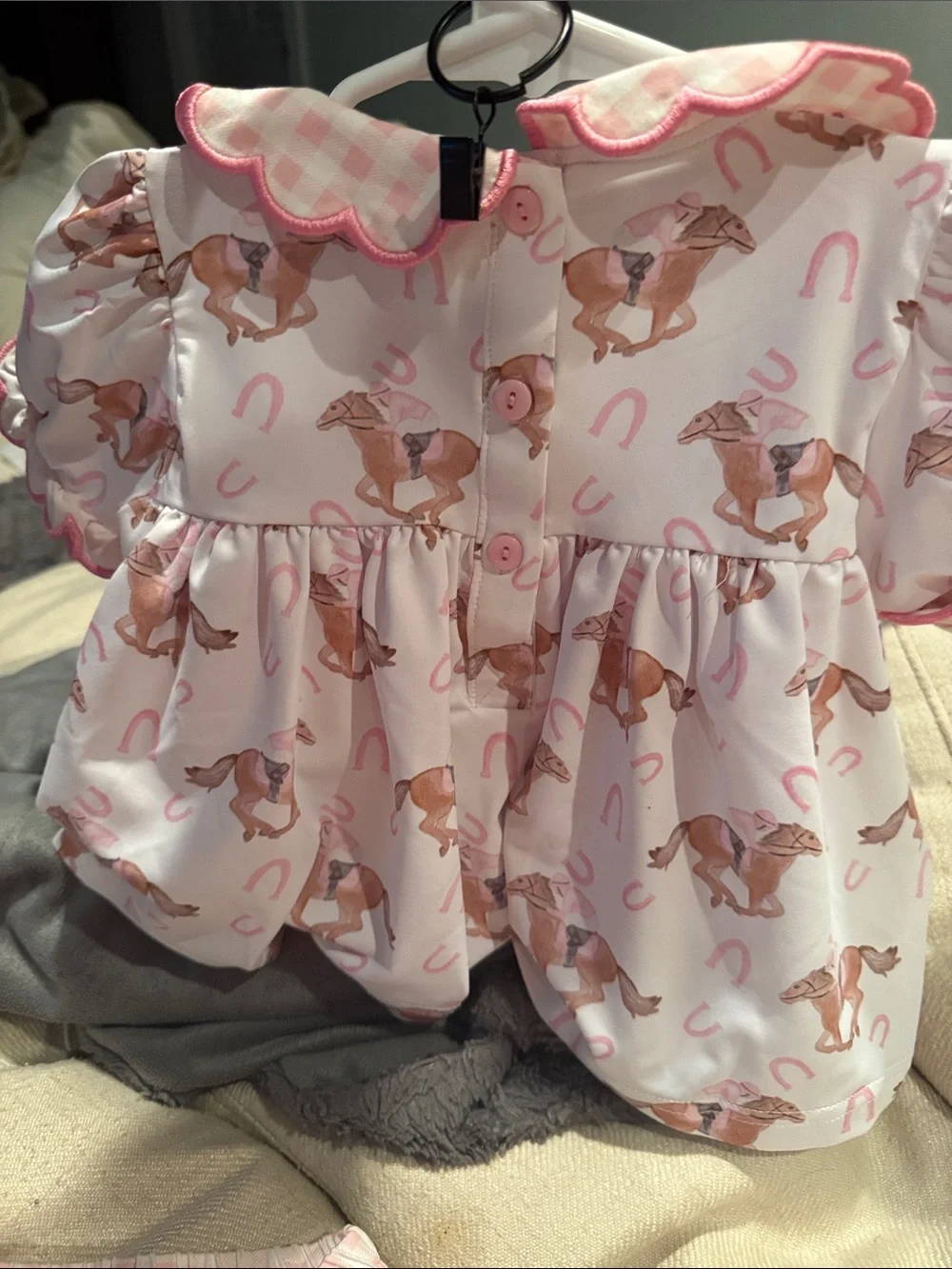 Girls' Pink Horse Print Matching Pajama Set with Gingham Shorts